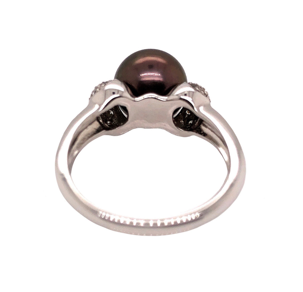 mastoloni 9.5mm cultured tahitian natural black pearl diamond paved ring 18k white gold