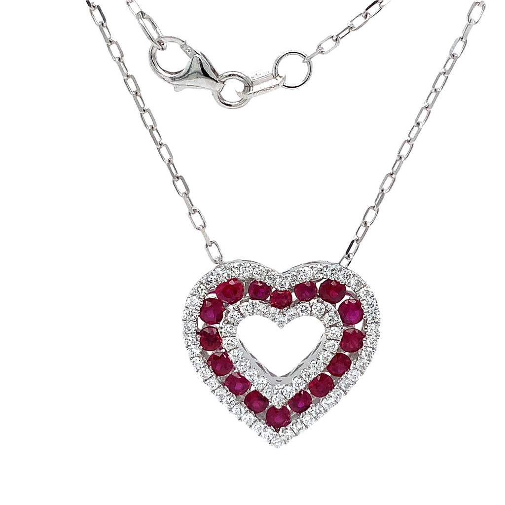 Afarin Collection Classic 3 Row African Ruby and Diamond Heart Shape Necklace Set in 18K White Gold - Image 8 of 11