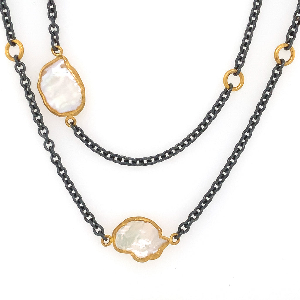 Lika Behar Collection KATYA 24Kt Gold and Oxidized Sterling Silver Keshi Long Necklace - Image 2 of 5
