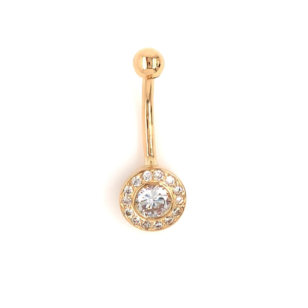 belly button ring in 14 kt yellow gold cubic zirconia halo cluster barbell piercing