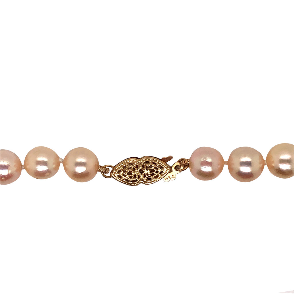 natural peach fresh water pearl necklace w/filigree safety clasp 14k yellow gold