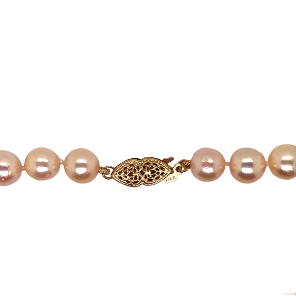 natural peach fresh water pearl necklace w/filigree safety clasp 14k yellow gold
