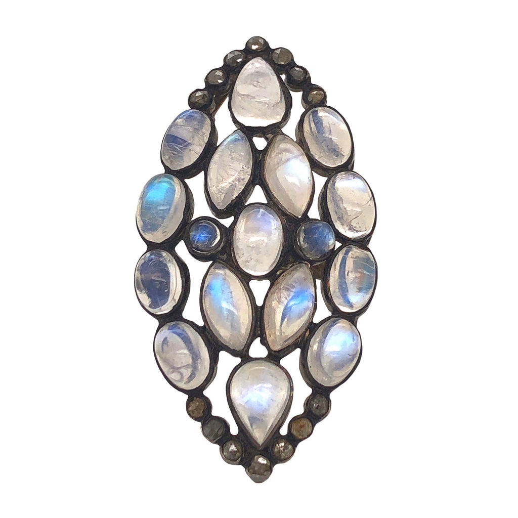marquise shaped cluster moonstone and diamond ring oxidized sterling silver