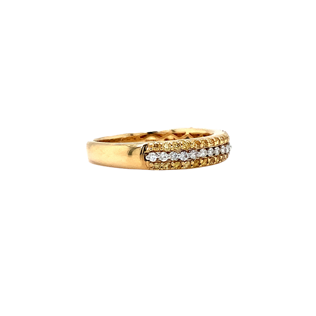 white and yellow diamond 3 row band 40 yellow and 20 white diamonds equals 0.55 ctw 14k yellow gold