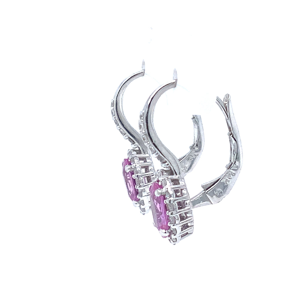 Roman+Jules Natural Oval Pink Sapphire and Diamond Lever back Drop Earrings hand made in 14Kt White Gold - Image 3 of 4