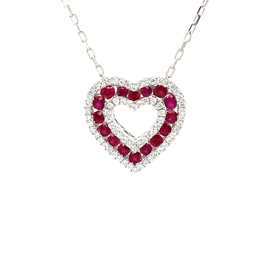 Afarin Collection Classic 3 Row African Ruby and Diamond Heart Shape Necklace Set in 18K White Gold - Image 1 of 11