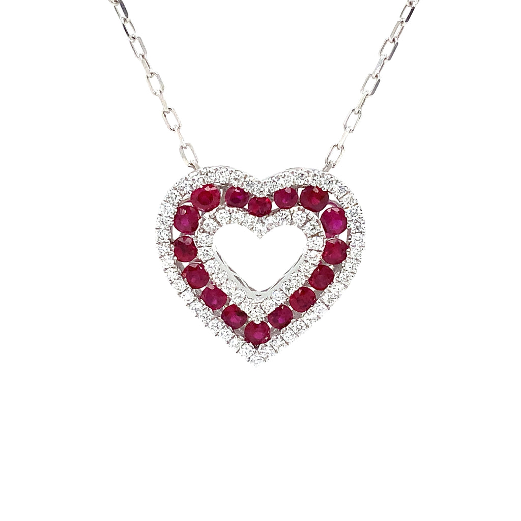 Afarin Collection Classic 3 Row African Ruby and Diamond Heart Shape Necklace Set in 18K White Gold - Image 6 of 11