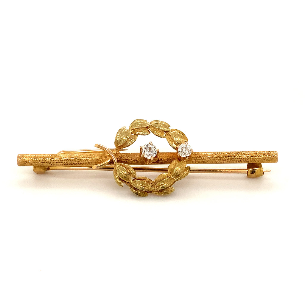 vintage 1930's  diamond stick pin laurel leaf wreath motif in 18 kt yellow gold