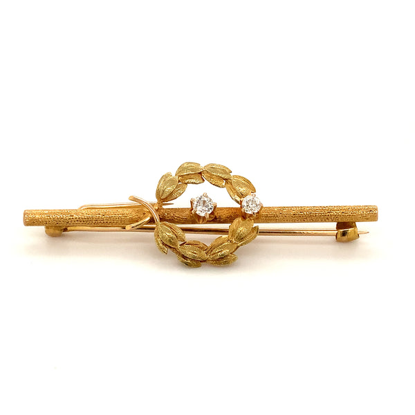 vintage 1930's  diamond stick pin laurel leaf wreath motif in 18 kt yellow gold