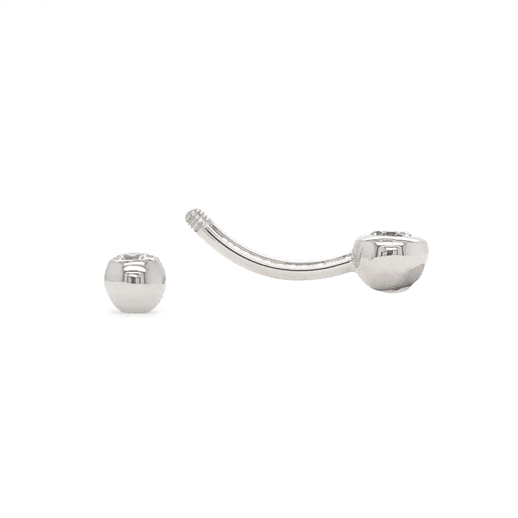 belly button ring in 14 kt white gold and cubic zirconia barbell piercing simple design.