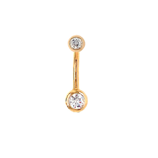 belly button ring in 14 kt yellow gold and cubic zirconia barbell piercing simple design.