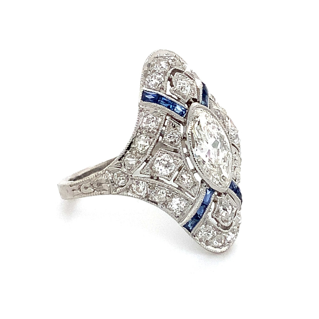 antique edwardian art deco filigree marquise diamond and calibre sapphire ring set in platinum