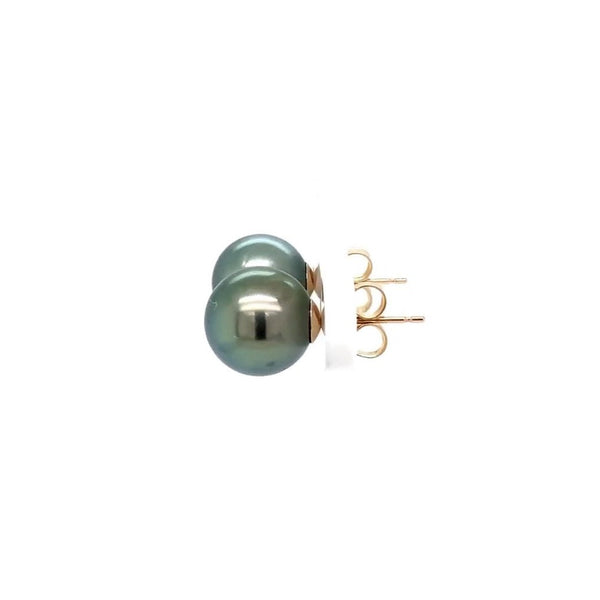 tahitian black south sea cultured pearl 9.8 mm studs  post earring set in 14 kt yellow gold.