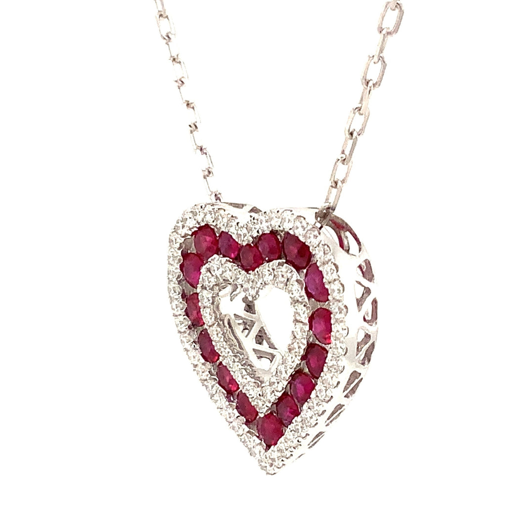 Afarin Collection Classic 3 Row African Ruby and Diamond Heart Shape Necklace Set in 18K White Gold - Image 3 of 11
