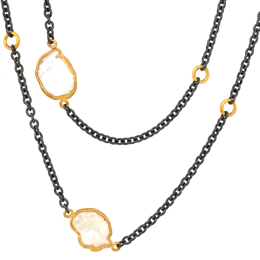 Lika Behar Collection KATYA 24Kt Gold and Oxidized Sterling Silver Keshi Long Necklace - Image 1 of 5