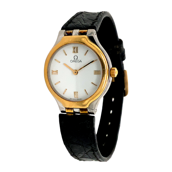omega lady's symbol 18 kt and stainless steel watch with black leather band