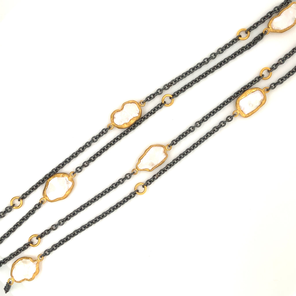Lika Behar Collection KATYA 24Kt Gold and Oxidized Sterling Silver Keshi Long Necklace - Image 5 of 5