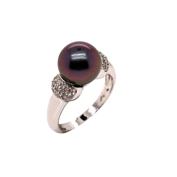 mastoloni 9.5mm cultured tahitian natural black pearl diamond paved ring 18k white gold