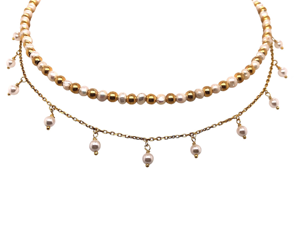 fresh water pearl and gold vermeil beaded collar length adjustable necklace
