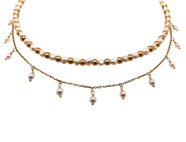 fresh water pearl and gold vermeil beaded collar length adjustable necklace