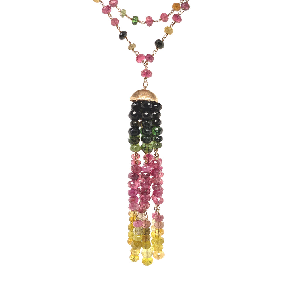 multi colored ombre green, pinks to yellows tourmaline tassel wire bead necklace 14k yellow gold