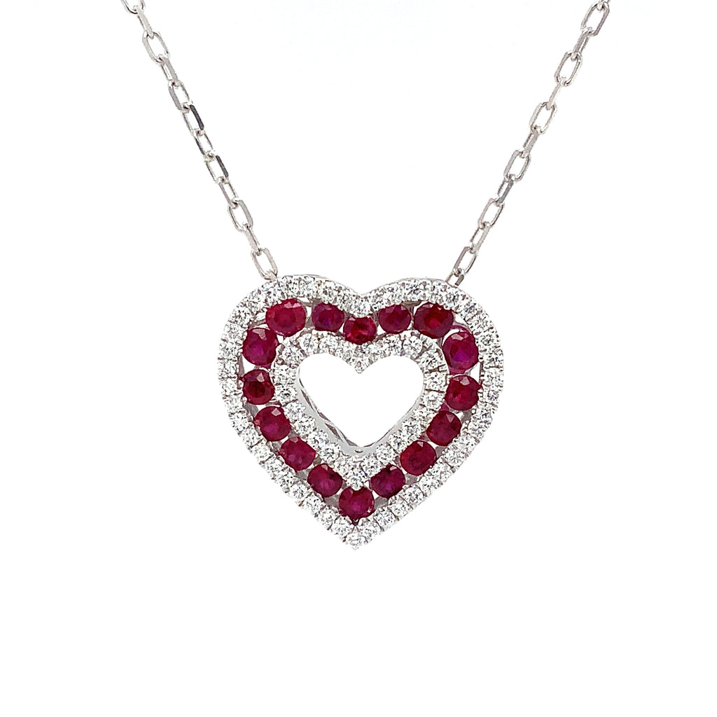 Afarin Collection Classic 3 Row African Ruby and Diamond Heart Shape Necklace Set in 18K White Gold - Image 9 of 11
