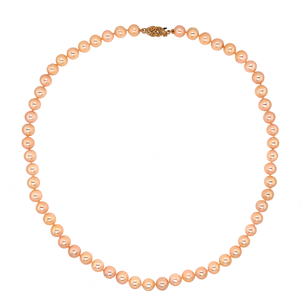 natural peach fresh water pearl necklace w/filigree safety clasp 14k yellow gold