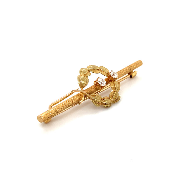 vintage 1930's  diamond stick pin laurel leaf wreath motif in 18 kt yellow gold