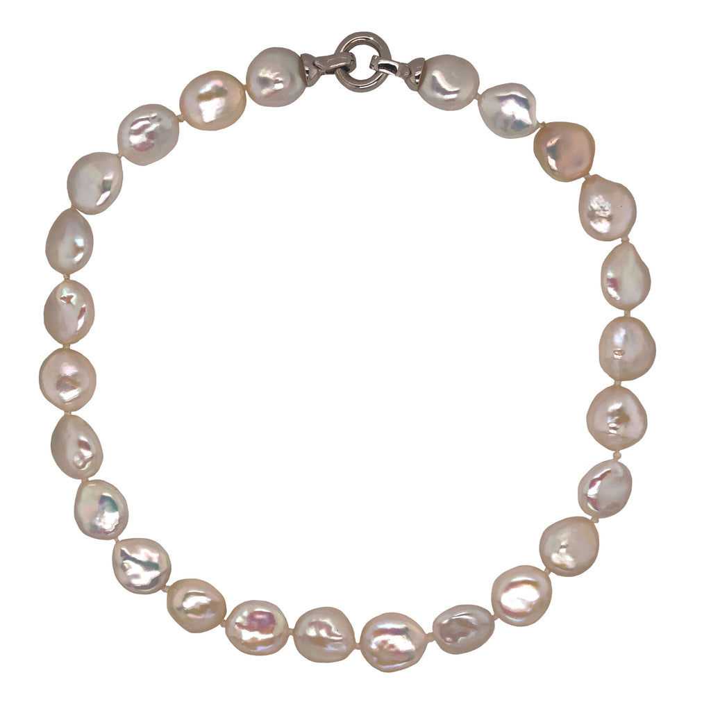 white fresh water coin pearls individually knotted necklace sterling silver clasp 16 inch length