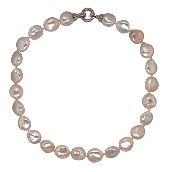 white fresh water coin pearls individually knotted necklace sterling silver clasp 16 inch length