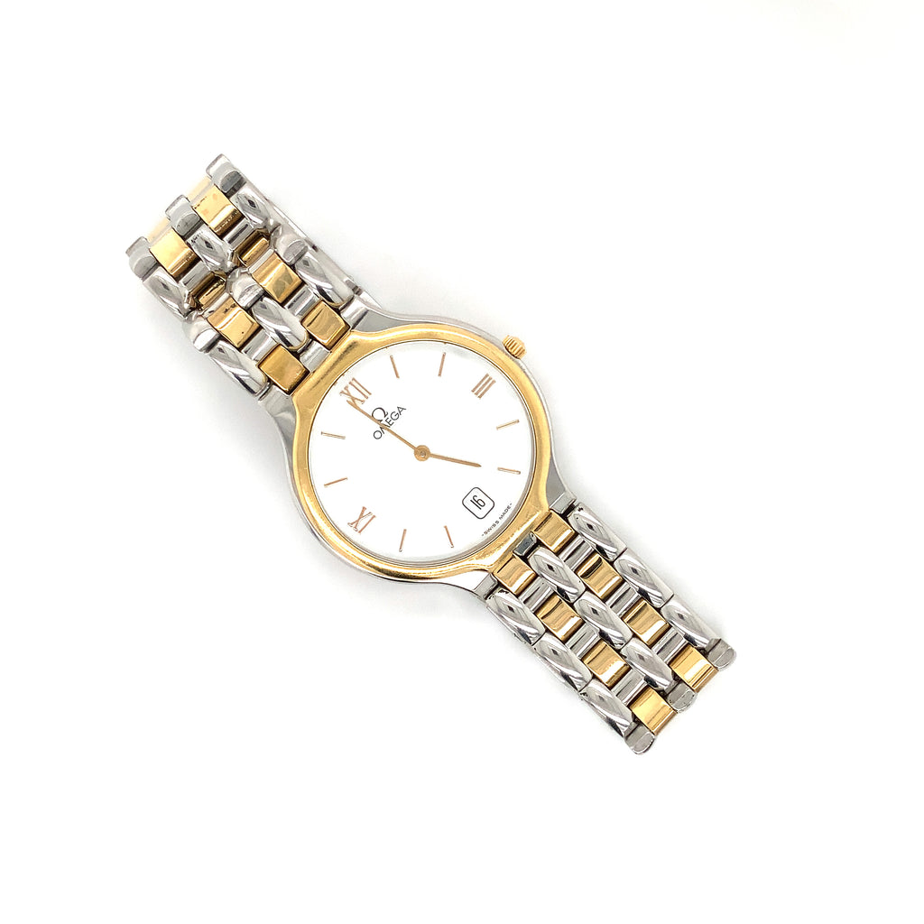 omega symbol 18 kt yellow gold and stainless steel wristwatch 32 mm