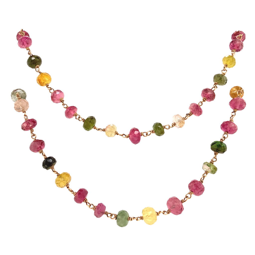 multi colored ombre green, pinks to yellows tourmaline tassel wire bead necklace 14k yellow gold