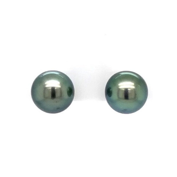 tahitian black south sea cultured pearl 9.8 mm studs  post earring set in 14 kt yellow gold.