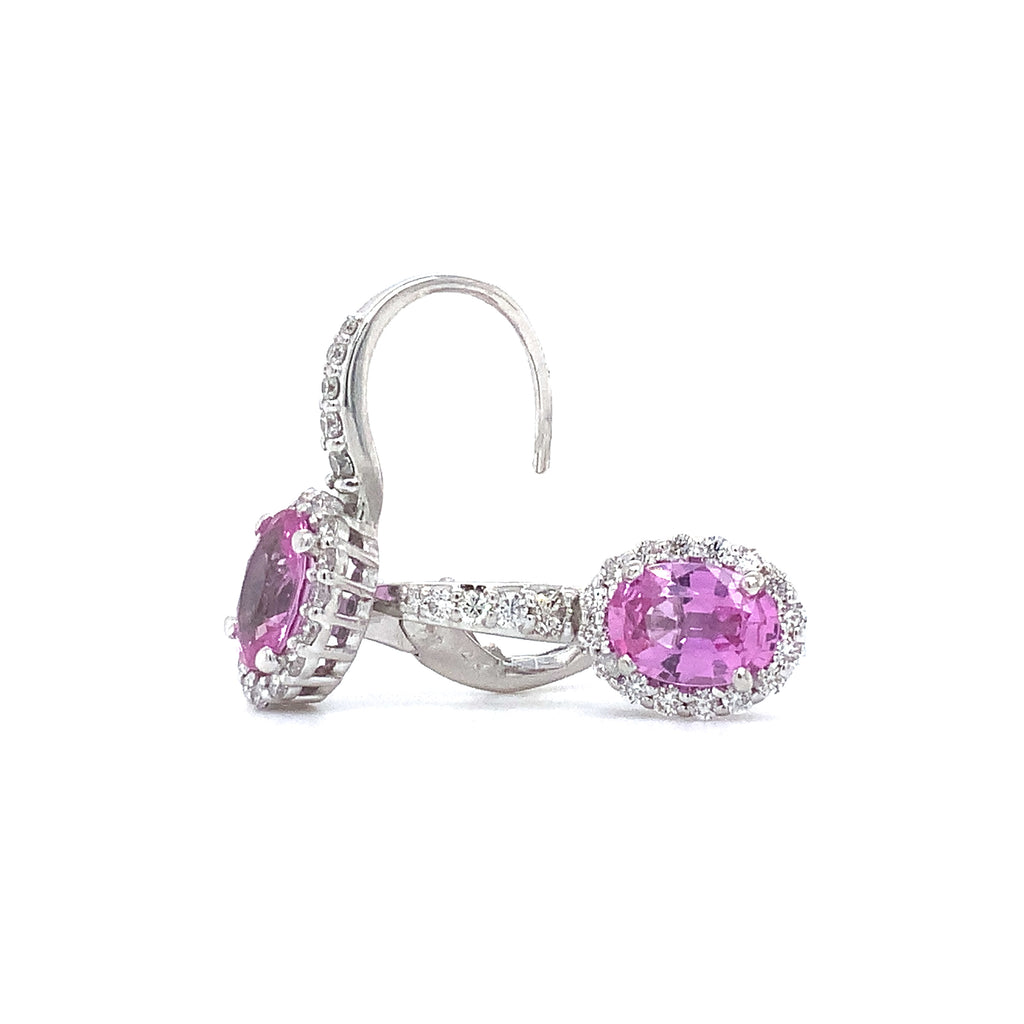 Roman+Jules Natural Oval Pink Sapphire and Diamond Lever back Drop Earrings hand made in 14Kt White Gold - Image 2 of 4