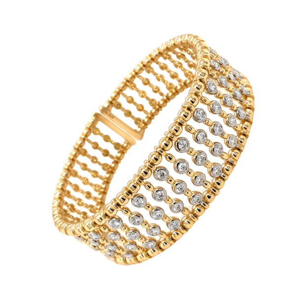 A Link Collection Bezel Set Beaded Etruscan Style Cuff Diamond Bracelet 1.39 cts. tw. Set in 18K two Tone Gold - Image 2 of 6